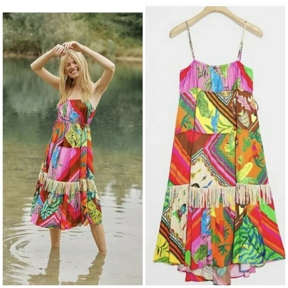 NWT Anthropologie FARM RIO Palila Fringed Tropical Midi Dress Small Petite NWT - Picture 2 of 5